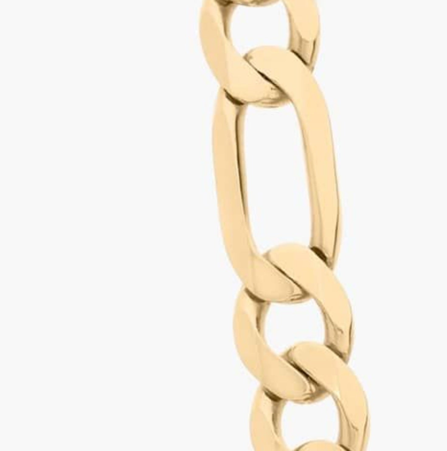 Close-up of solid 14K gold Figaro chain links, polished finish, 6 mm width.